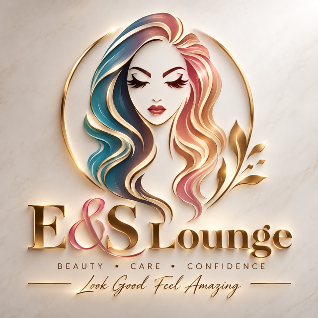 E&S Lounge logo with a gold, teal, and rose beauty portrait. Beauty, care, confidence. Look good, feel amazing.